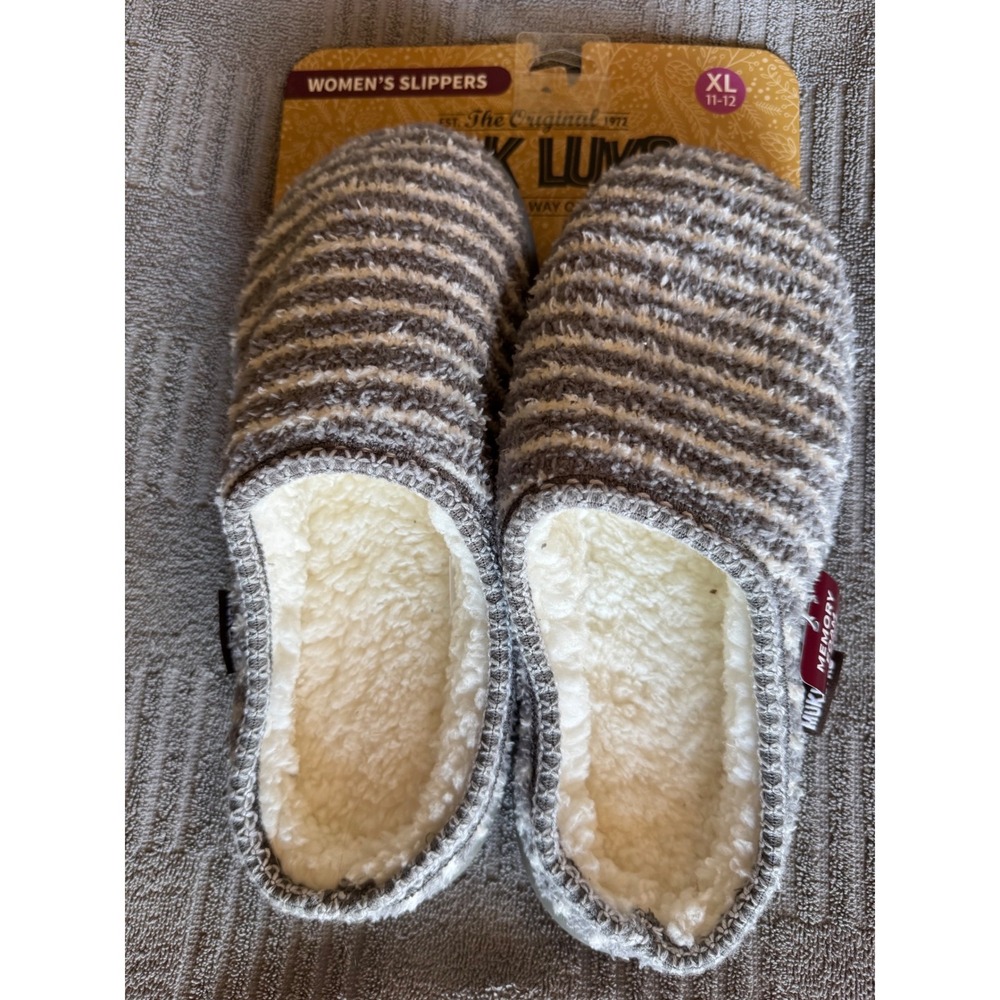 Muk Luks Womens Grey Stripe Memory Foam Slippers XL 11-12 New nwt cozy